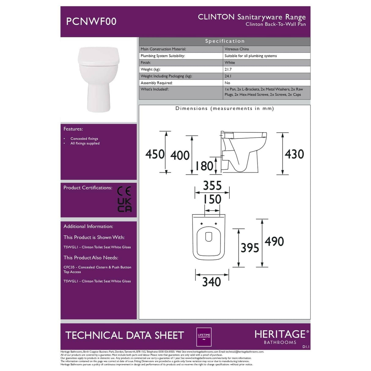 Heritage Back to wall Toilet Heritage Clinton Back to Wall Toilet with Soft Close Seat