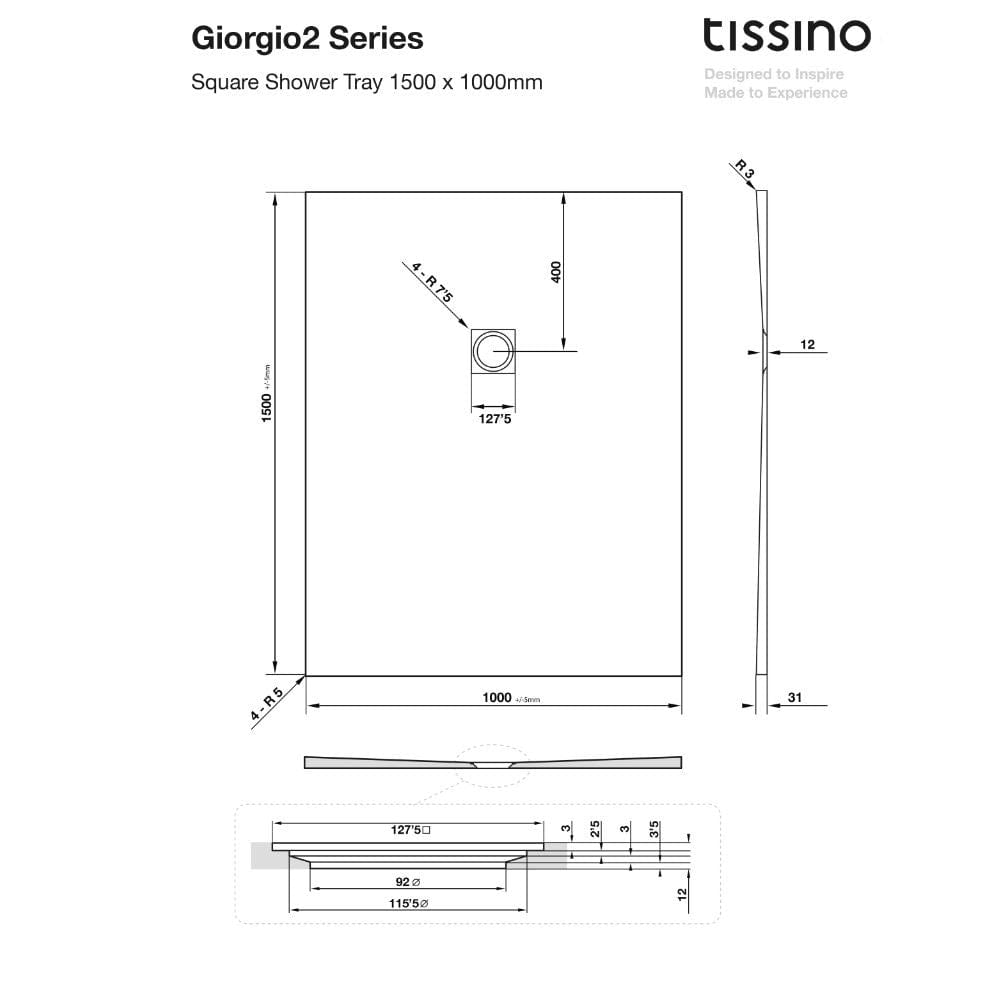 Tissino Rectangle Shower Tray 1500 x 1000mm Tissino Giorgio2 Rectangle Shower Tray in Black Slate