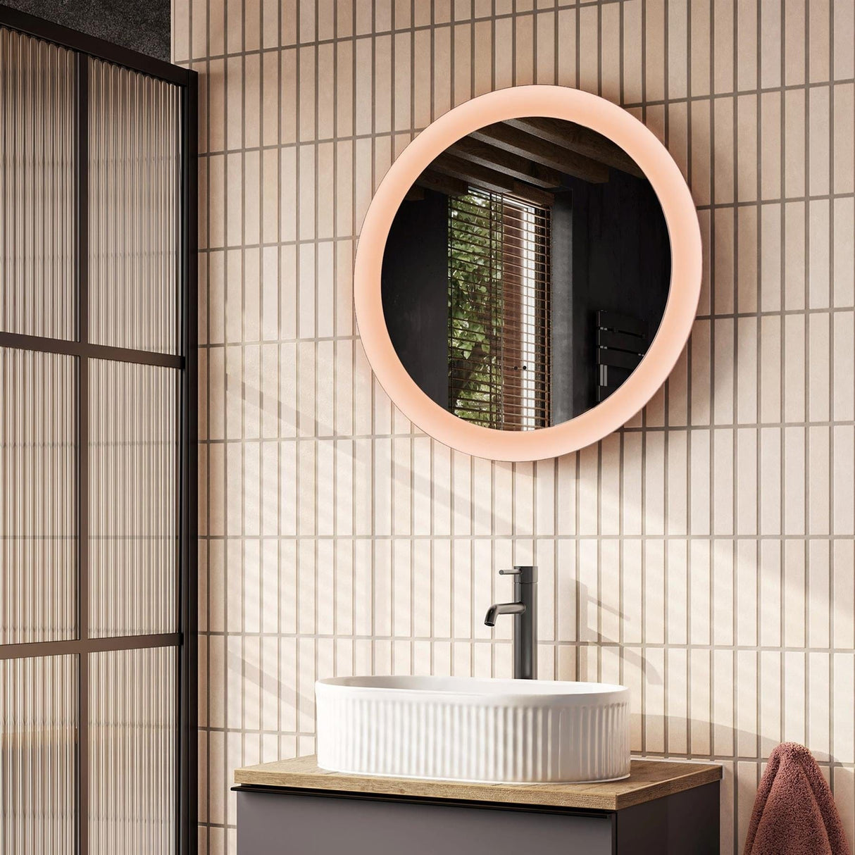 HiB Illuminated Mirror 600mm / Dusky Pink HiB Vaida Round LED Illuminated Mirror
