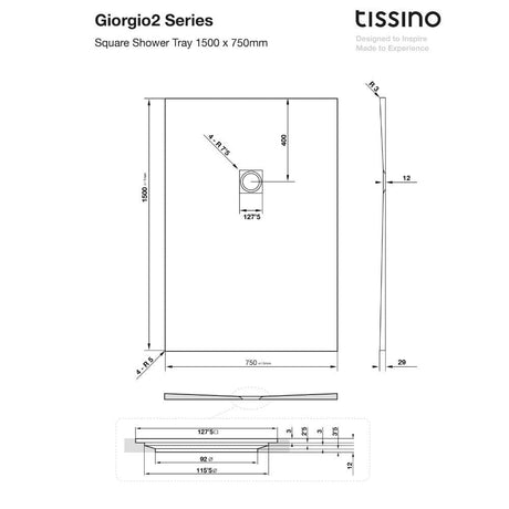 Tissino Rectangle Shower Tray 1500 x 750mm Tissino Giorgio2 Rectangle Shower Tray in Grey Slate