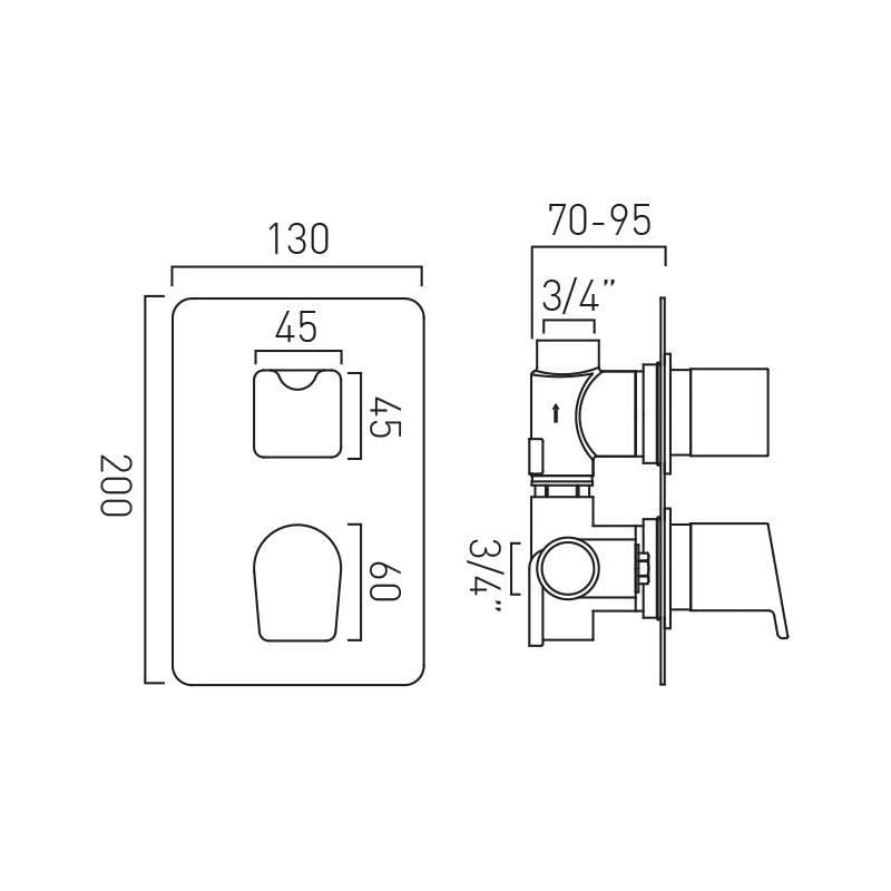 VADO Concealed Shower Valve Vado DX Photon 1 Outlet, 2 Handle Vertical Concealed Thermostatic Shower Valve - Chrome