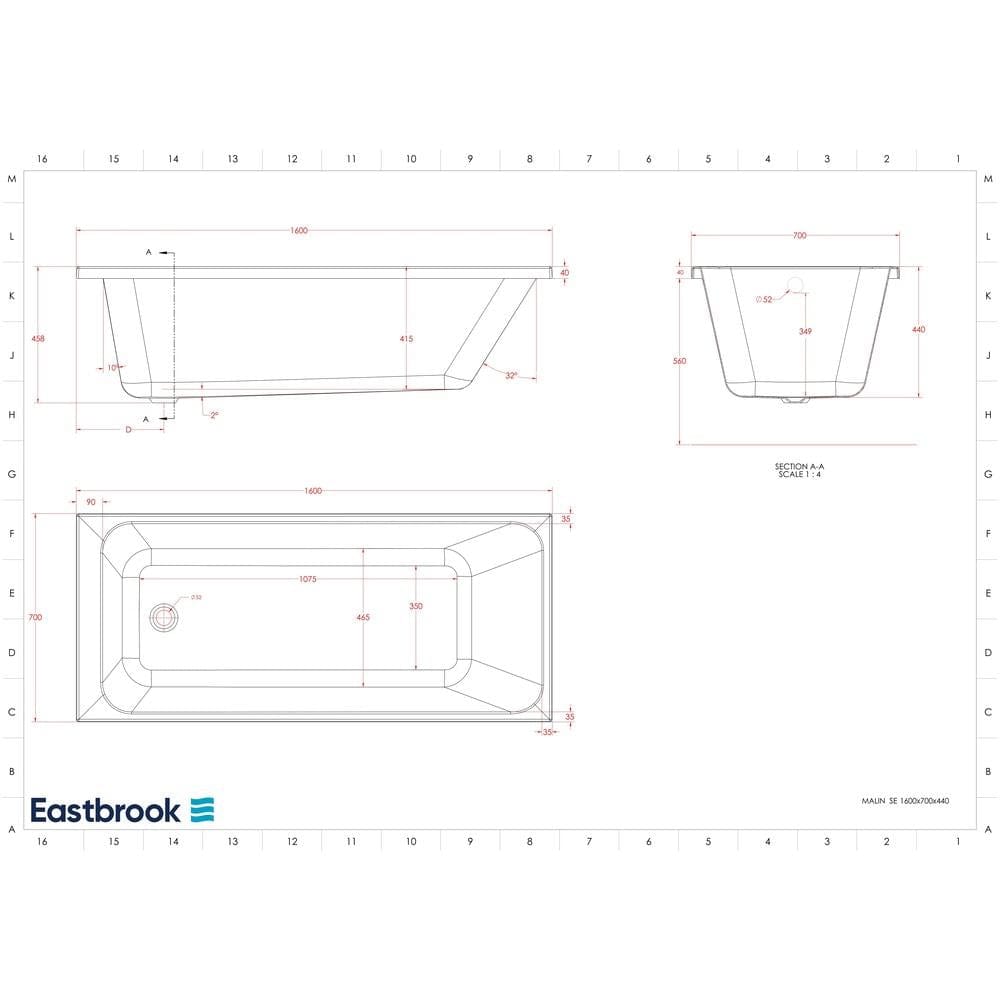 Eastbrook Single Ended Bath 1600 x 700 / Reinforced Eastbrook Malin Single Ended Bath