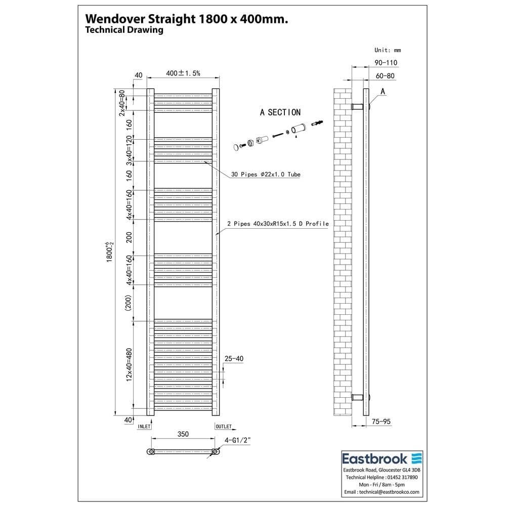 Eastbrook Wendover Straight Vertical Heated Towel Rail in White