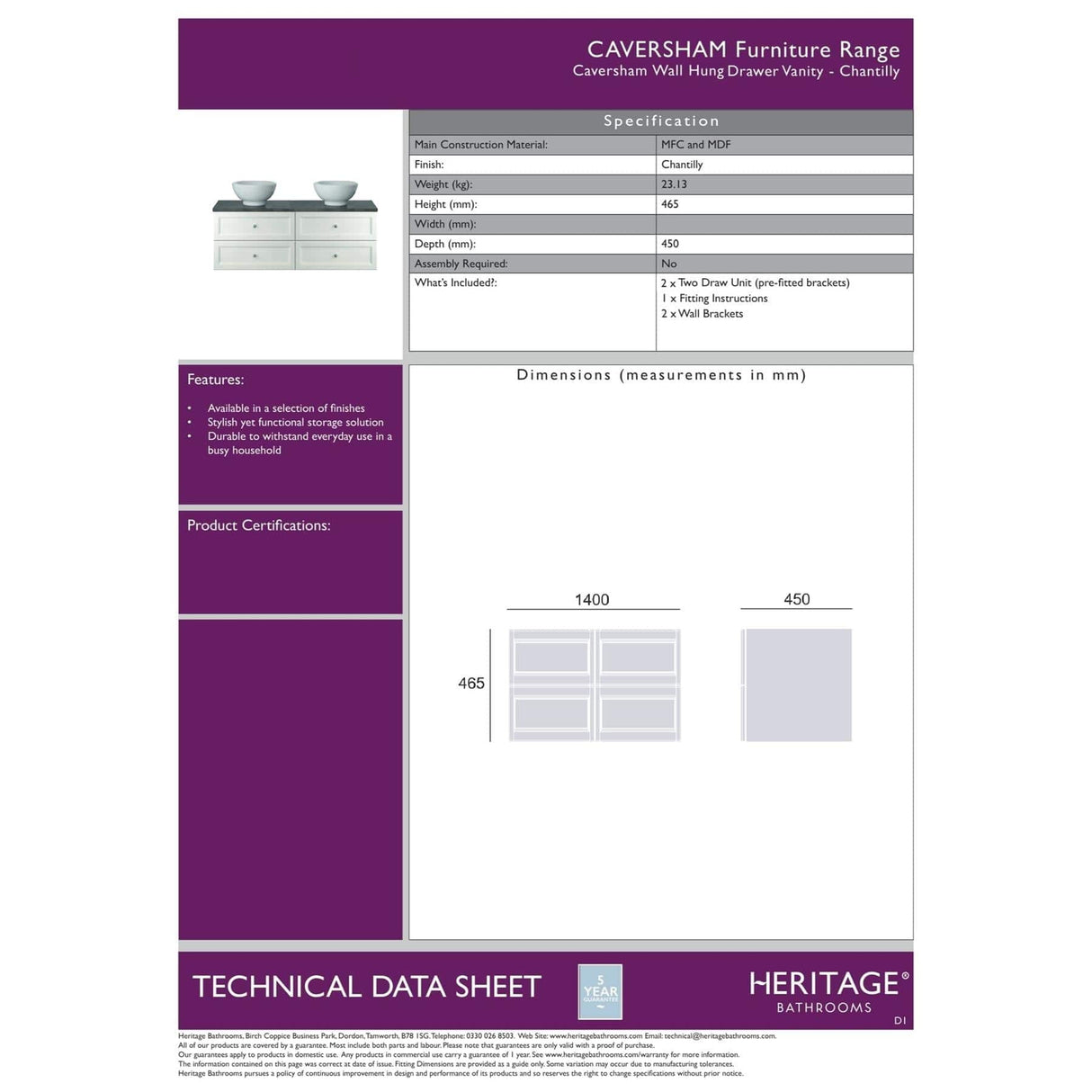 Heritage Wall Mounted Vanity Unit Heritage Caversham Wall Mounted Vanity Unit with Worktop - 1400mm
