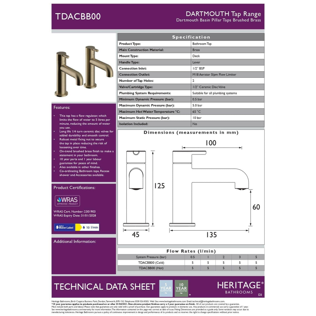 Heritage Pillar Basin Tap Heritage Dartmouth Basin Pillar Taps (Pair)