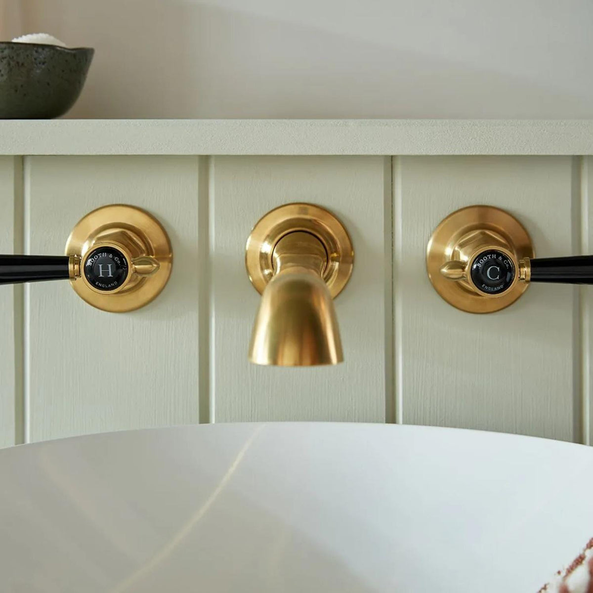 Vado Wall Mounted Basin Tap Brushed Brass/Black Booth & Co. Axbridge Wall Mounted Basin Mixer Tap with Lever Handles