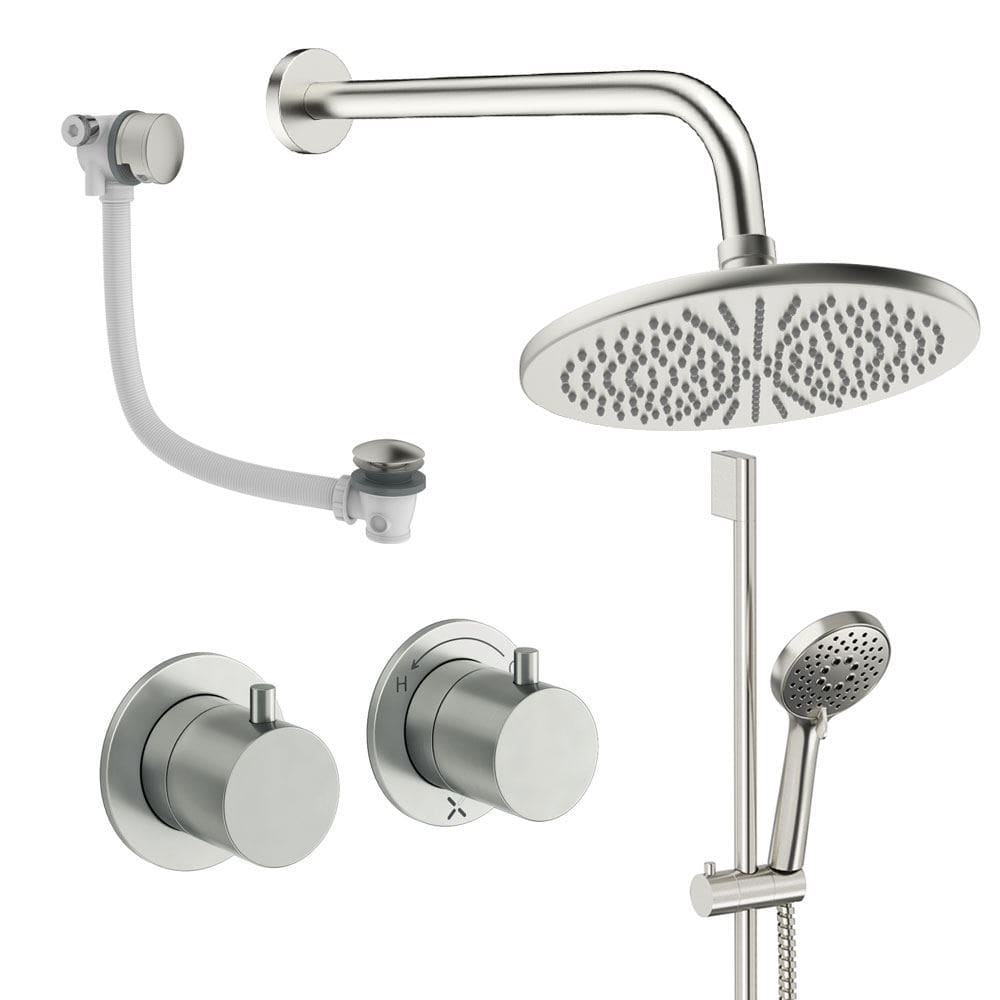 UK Bathroom Store Concealed Shower Set Brushed Nickel / Wall Arm / 300mm Crosswater Module Shower Set 7 - 3 Outlet with Riser Rail Kit, Overhead Shower and Overflow Bath Filler