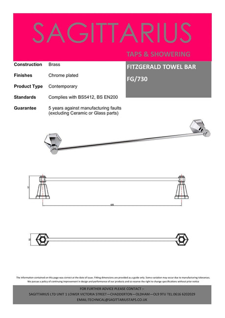 Sagittarius Towel Rails and Rings Sagittarius Fitzgerald 600mm Single Towel Rail in Chrome