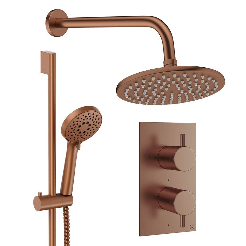 Crosswater Concealed Shower Set Brushed Bronze / Wall Arm / 200mm Crosswater Design 2 Handle 2 Outlet Shower Set 4 with Rainfall Head and Slide Rail Kit