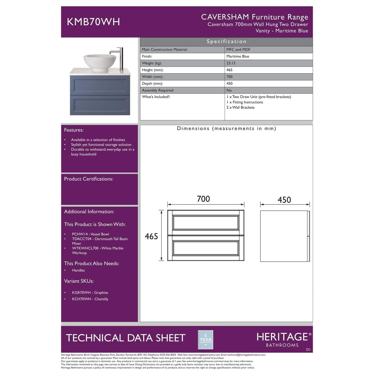 Heritage Wall Mounted Vanity Unit Heritage Caversham Wall Mounted Vanity Unit with Basin or Worktop - 700mm - Two Drawer