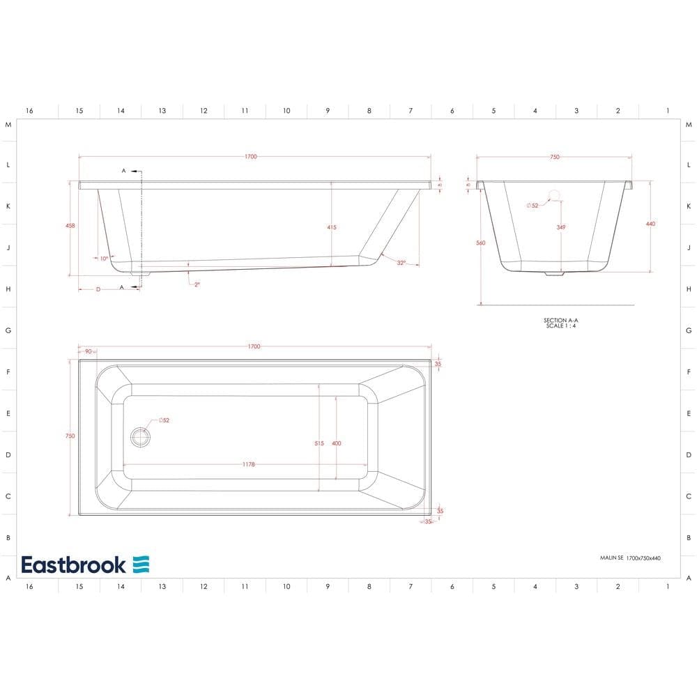 Eastbrook Single Ended Bath 1700 x 700 / 5mm Eastbrook Malin Single Ended Bath