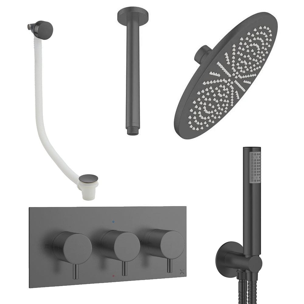 Crosswater Concealed Shower Set Slate / Ceiling Arm / 300mm Crosswater Design 3 Handle 3 Outlet Shower and Bath Filler Set 8