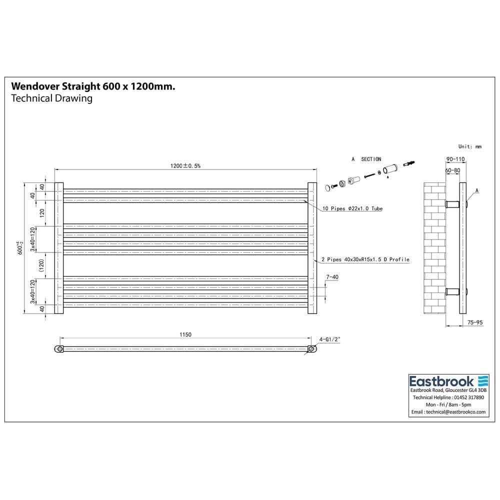 Eastbrook Ladder Rail Eastbrook Wendover Straight Horizontal Under Window Heated Towel Rail in White