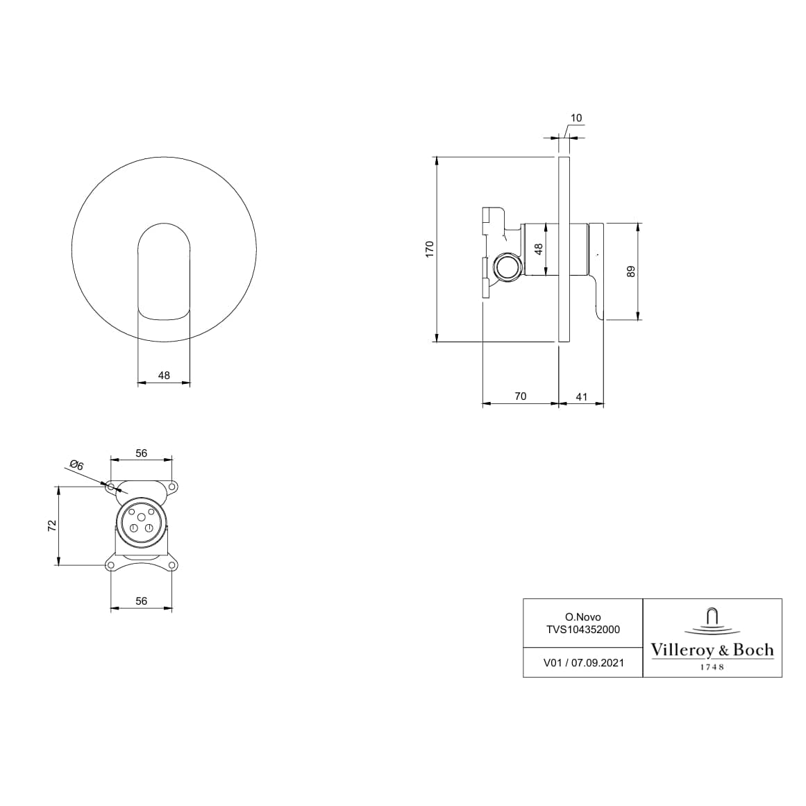 Villeroy & Boch Concealed Shower Valve Villeroy & Boch O.novo 1 Outlet Single Lever Trim Set in Chrome