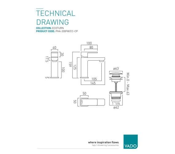 VADO Mono Basin Mixer Tap Vado PHASE Mono Basin Mixer with Universal Waste PHA-200F/CC-C/P-Chrome