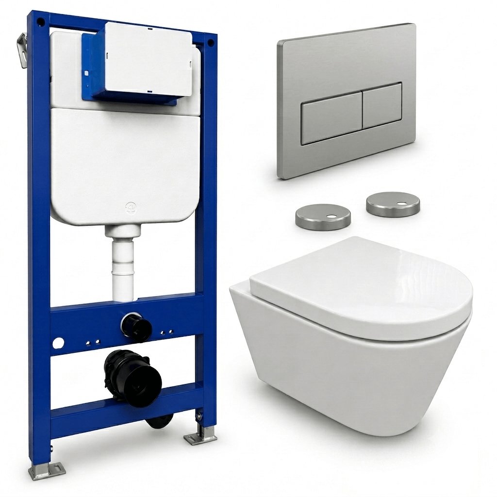 Aquarius Bathrooms Wall Hung Toilet Chrome / Square Aquarius Urbano Rimless Wall Hung Toilet Pack with Frame, Flush Plate, Soft Closing Seat and Hinge Covers