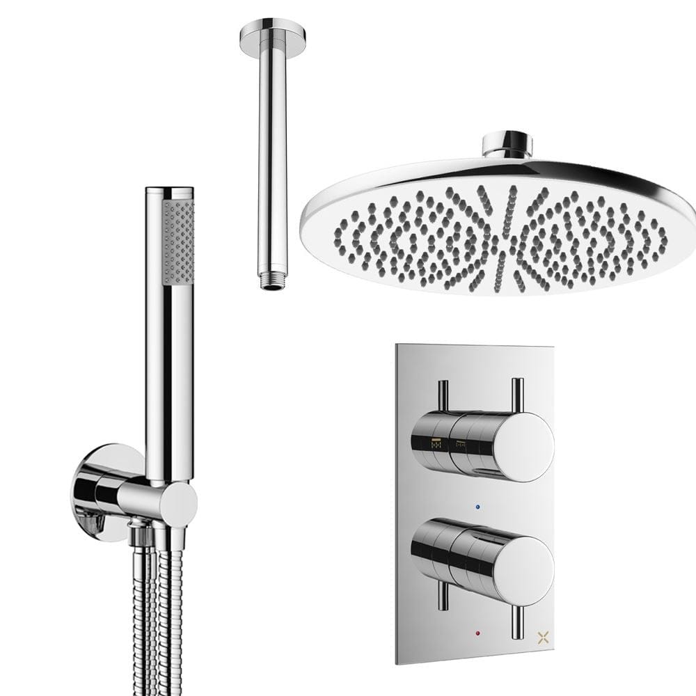 Crosswater Concealed Shower Set Chrome / Ceiling Arm / 300mm Crosswater Design 2 Handle 2 Outlet Thermostatic Shower Set with Rainfall Head and Pencil Handset