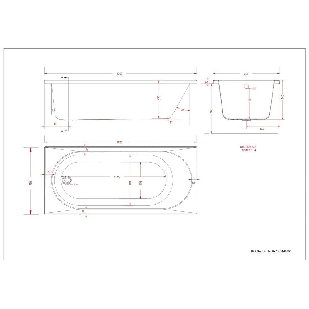 Eastbrook Single Ended Bath 1700 x 750 / Reinforced Eastbrook Biscay Single Ended Straight Edge Bath