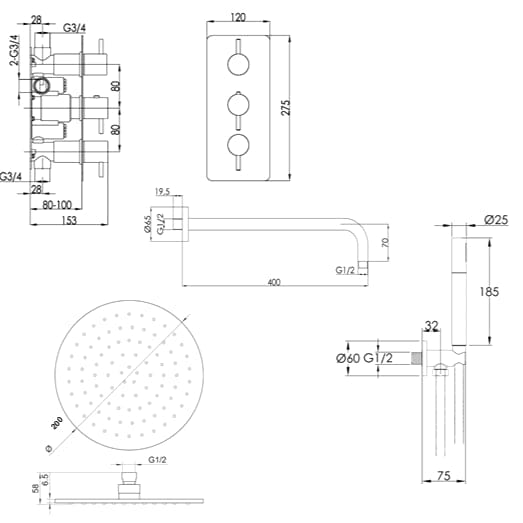 JTP Shower Set JTP VOS Thermostatic Concealed Dual Outlet, 3 Handle Shower Kit with Showerhead and Headset