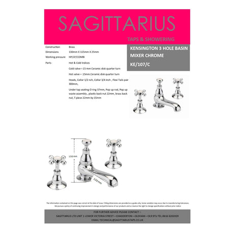 Sagittarius 3 Tap Hole Basin Set Sagittarius Kensington Lever 3 Hole Basin Mixer Tap with Pop Up Waste in Chrome