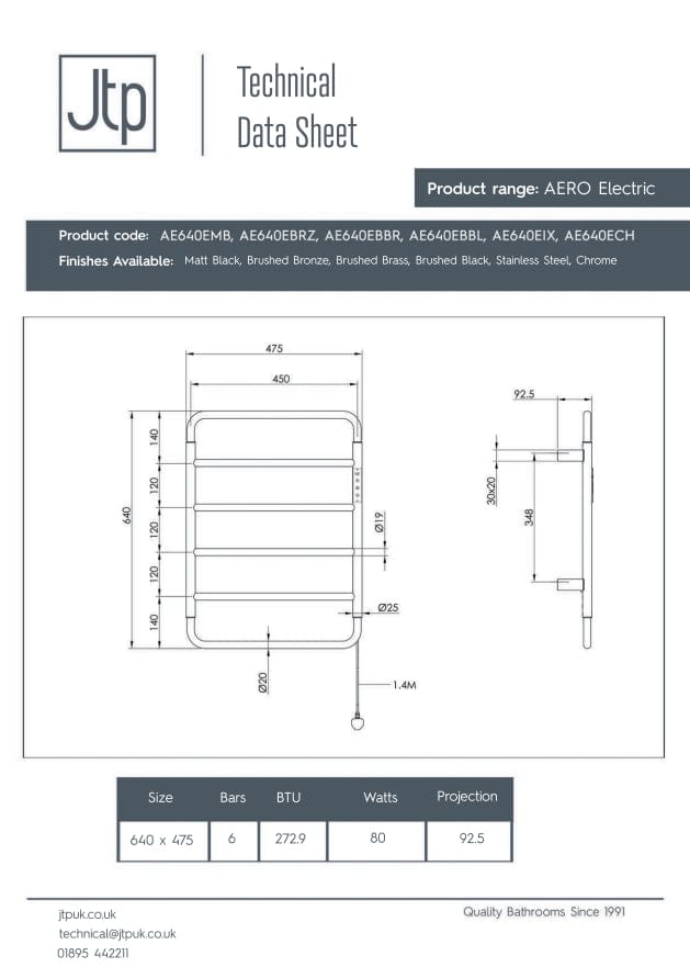 JTP JTP AERO Designer Vertical Heated Towel Rail - Electric Only