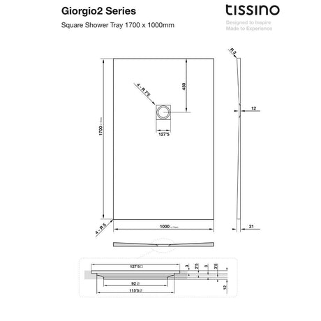 Tissino Rectangle Shower Tray 1700 x 1000mm Tissino Giorgio2 Rectangle Shower Tray in White Slate
