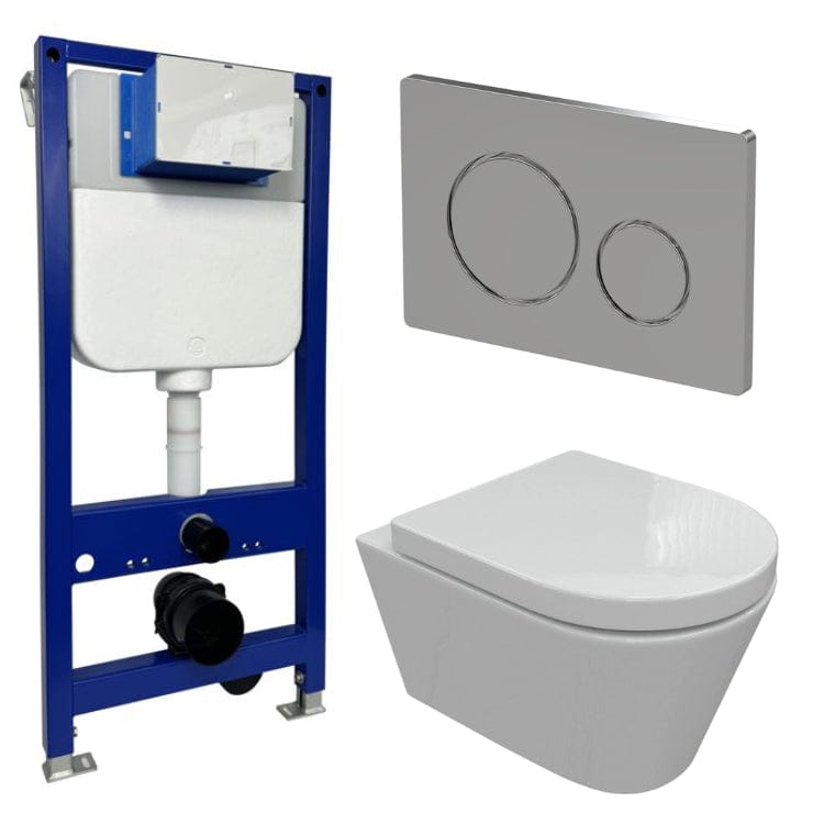 Aquarius Wall Hung Toilet Chrome / Round Aquarius Urbano Rimless Wall Hung Toilet Pack with Frame, Flush Plate, Soft Closing Seat and Hinge Covers