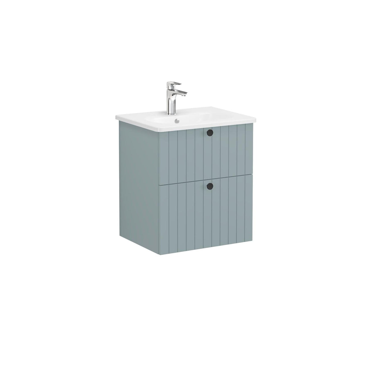 VitrA Wall Mounted Vanity Unit Matt Fjord Green / Integra VitrA Root Groove Wall Mounted 2 Drawer Vanity Unit 600mm with One Tap Hole Basin