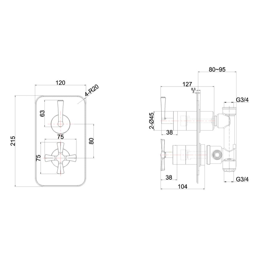 Burlington Concealed Shower Valve Burlington Riviera 1 Outlet, 2 Handle Concealed Thermostatic Shower Valve
