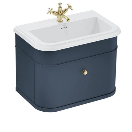 Burlington Wall Mounted Vanity Unit Blue / Ceramic Basin - 3 Tap Hole / Gold Burlington Chalfont 750mm Wall Mounted Single Drawer Vanity Unit with Basin