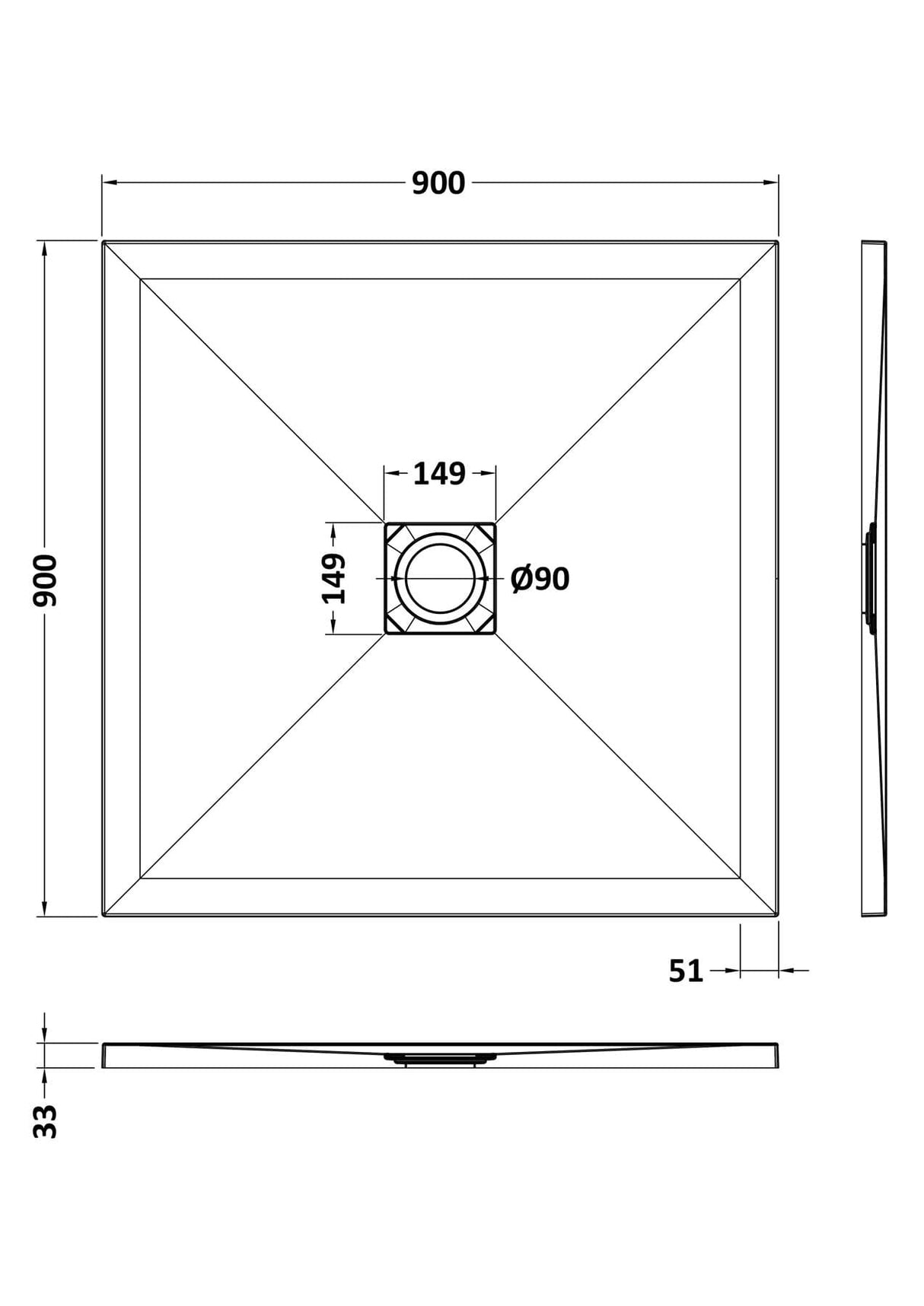 UK Bathroom Store Square Shower Tray 900x900mm Aquarius Urbano Slimline 33mm Slate Effect Square Stone Resin Shower Tray in White Slate