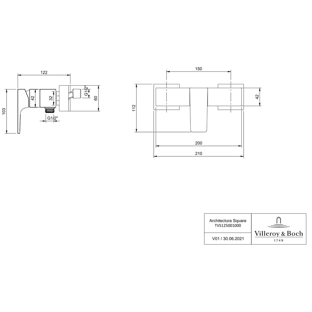 Villeroy & Boch Exposed Shower Valve Villeroy & Boch Architectura Exposed Thermostatic Square Shower Valve