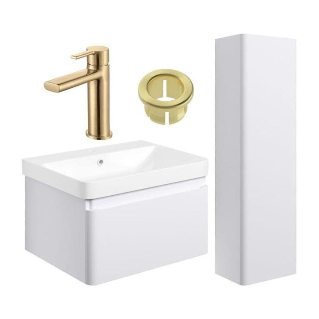Aquarius Wall Mounted Vanity Unit Matt White / Brushed Brass Aquarius Sophie 605mm Vanity Unit and Tall Boy Set with Finishes