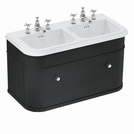 Burlington Double Sink Vanity Unit Matt Black / Ceramic Basin - 3 Tap Hole / Chrome Burlington Chalfont 1000mm Wall Mounted Single Drawer Vanity Unit with Double Basin
