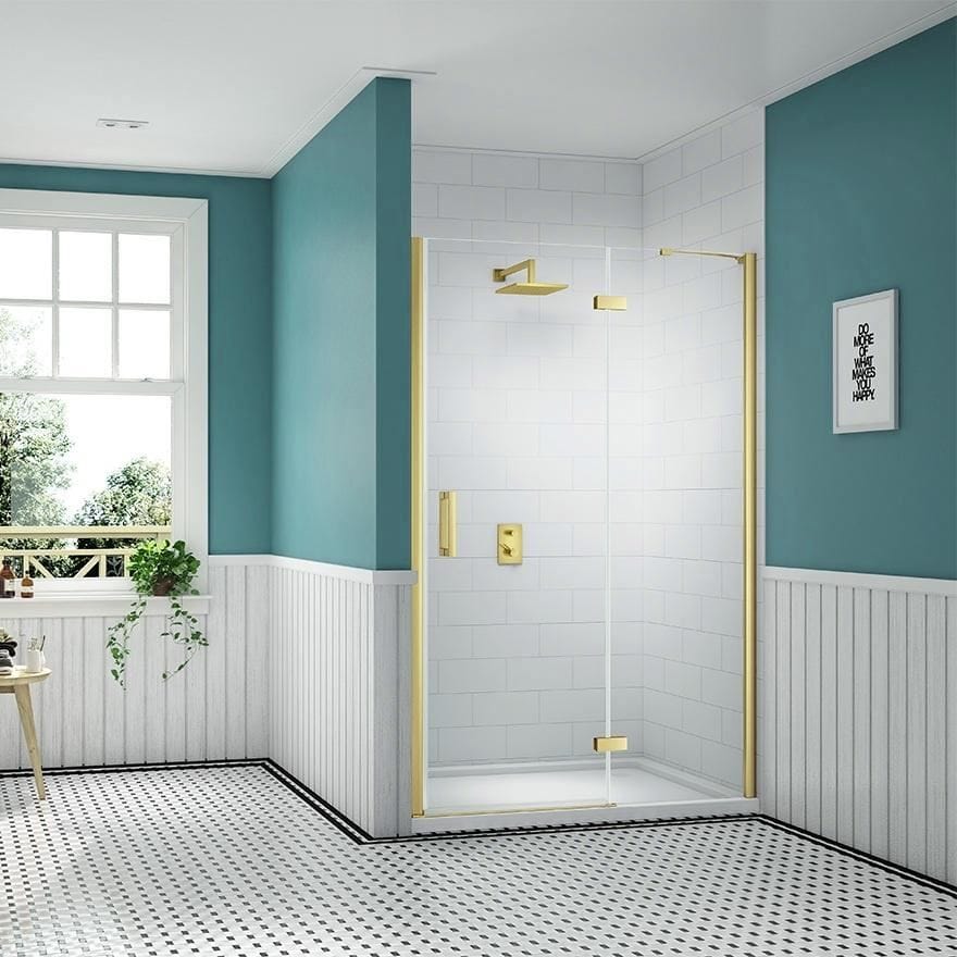 Merlyn Hinged Shower Door Brushed Brass / 900 adj (860-900mm) Merlyn Ionic Essence Frameless Hinged Shower Door and Inline Panel