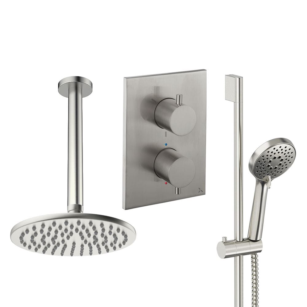UK Bathroom Store Concealed Shower Set Brushed Nickel / Ceiling Arm / 200mm Crosswater Crossbox Shower Set 4 - 2 Outlet with Riser Rail Kit and Fixed Overhead Showerhead