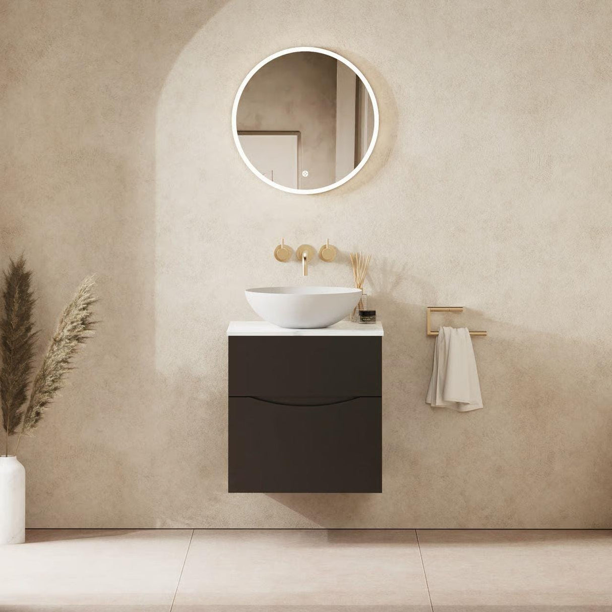 Crosswater Wall Mounted Vanity Unit 500mm / Matt Black / Carrara Marble Effect Crosswater Glide II Wall Mounted Two Drawer Vanity Unit with Worktop