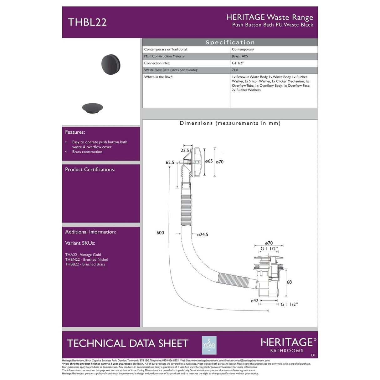 Heritage Bath Waste Heritage Push Button Bath Waste