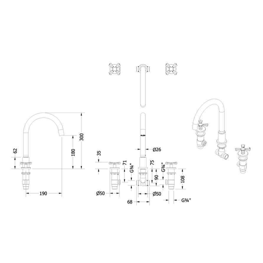 Burlington Riviera 3 Hole Bath Mixer Tap
