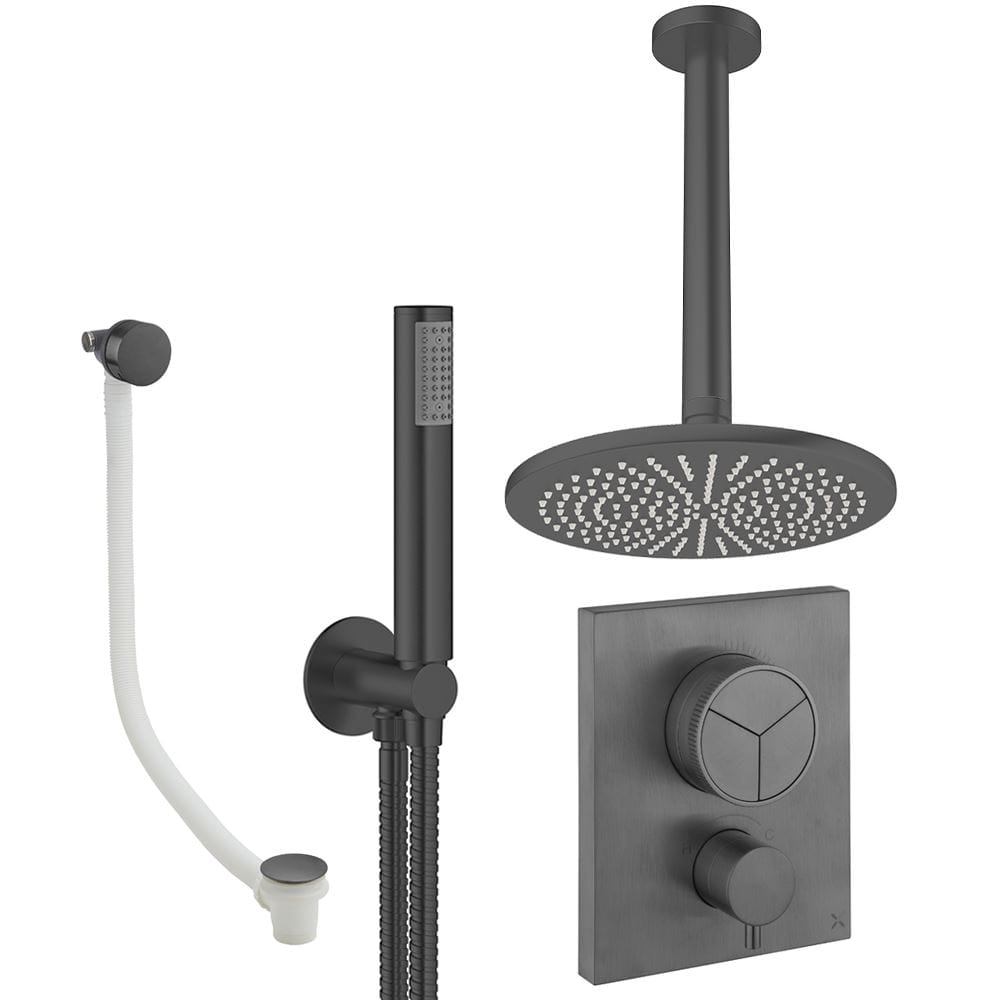 UK Bathroom Store Concealed Shower Set Slate / Ceiling Arm / 300mm Crosswater Crossbox Push Shower Set 7 - 3 Outlet with Fixed Overhead Shower, Pencil Handset and Overflow Bath Filler Waste
