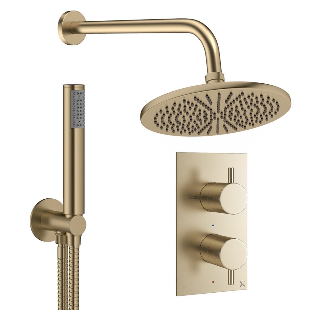 Crosswater Concealed Shower Set Brushed Brass / Wall Arm / 300mm Crosswater Design 2 Handle 2 Outlet Thermostatic Shower Set with Rainfall Head and Pencil Handset