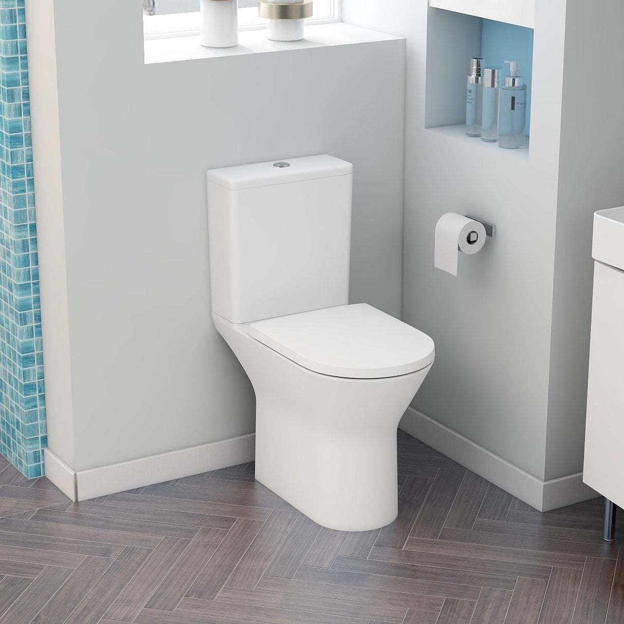 Imex Close Coupled Toilet Imex Blade Rimless Comfort Height Open Back Close Coupled Toilet with Soft Close Seat in White