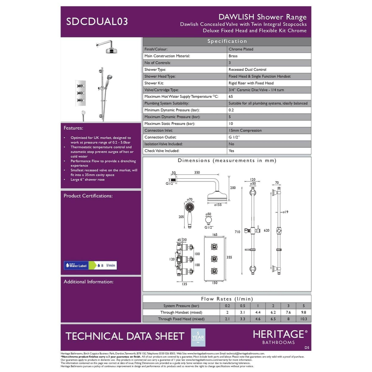 Heritage Concealed Shower Set Heritage Dawlish Concealed Shower with Premium Fixed Head and Flexible Kit