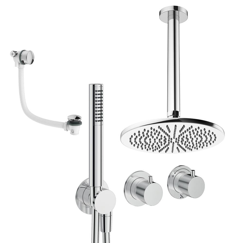 UK Bathroom Store Concealed Shower Set Chrome / Ceiling Arm / 300mm Crosswater Module Shower Set 9 - 3 Outlet with Pencil Handset, Overhead Shower and Overflow Filler