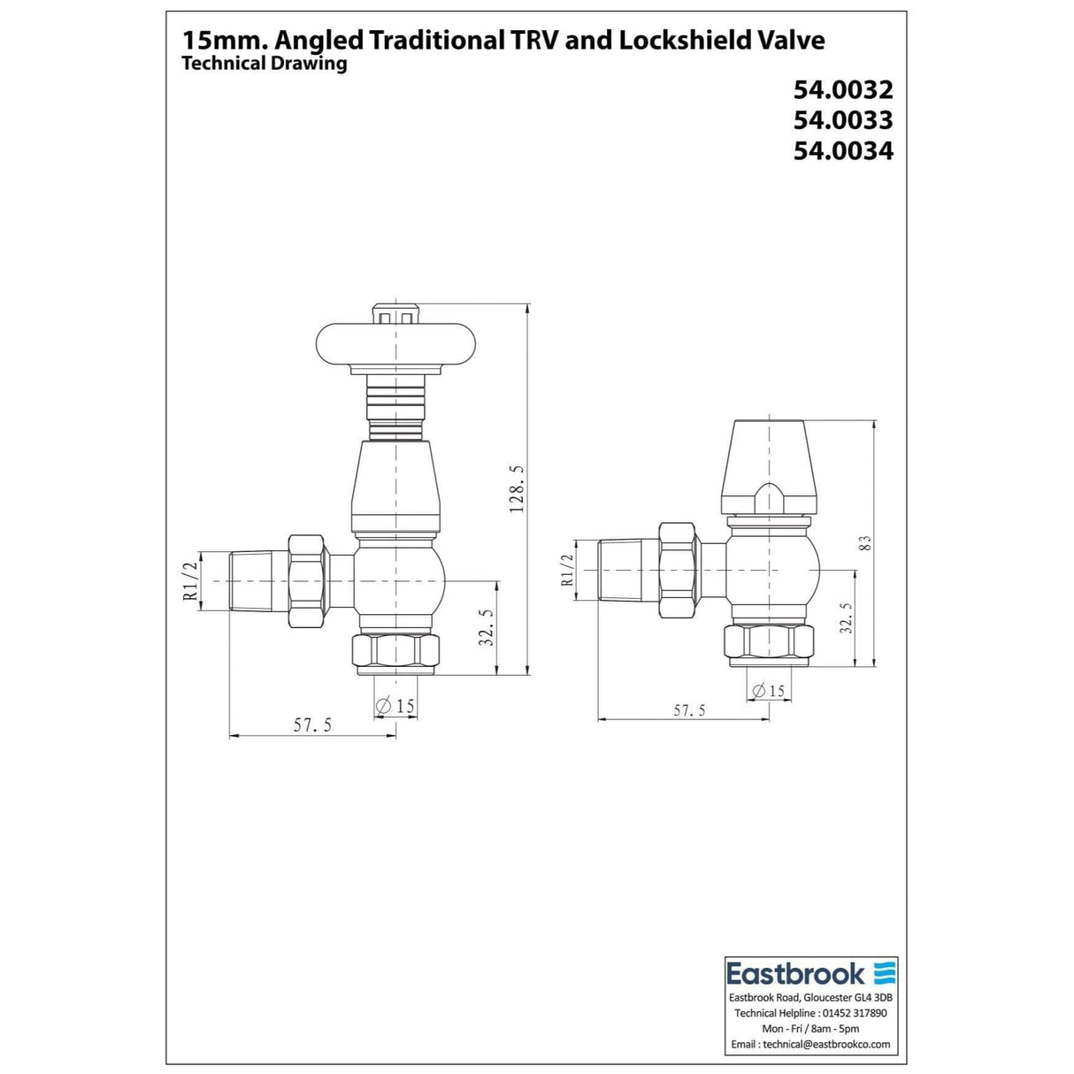 Eastbrook Radiator Valve Eastbrook Traditional Angled Thermostatic Radiator Valve with Lockshield (Pair)