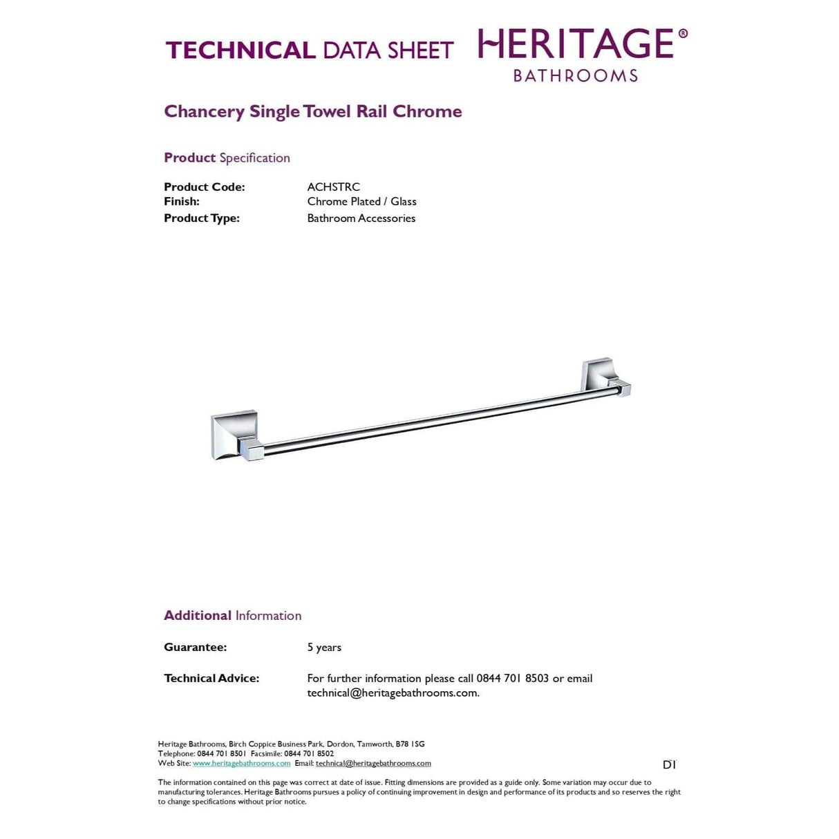 Heritage Towel Rails and Rings Heritage Chancery Single Towel Rail in Chrome