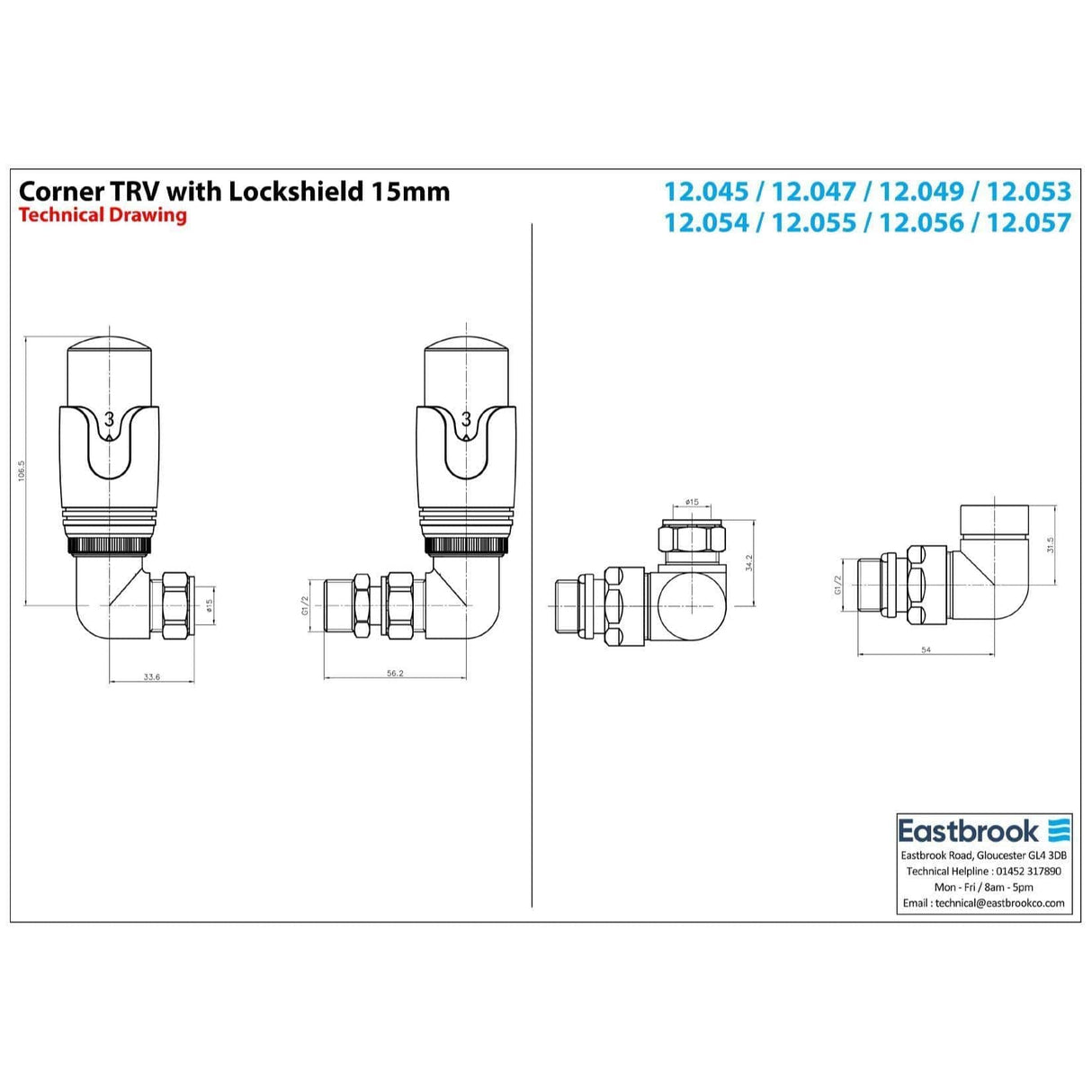 Eastbrook Radiator Valve Eastbrook Corner Thermostatic Radiator Valve with Lockshield 15mm (Pair)