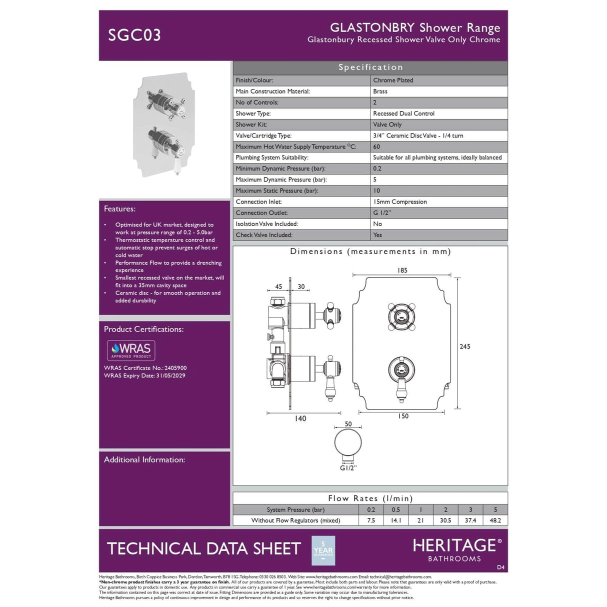Heritage Concealed Shower Valve Heritage Glastonbury Concealed Thermostatic 1 Outlet, 2 Handle Shower Valve in Chrome