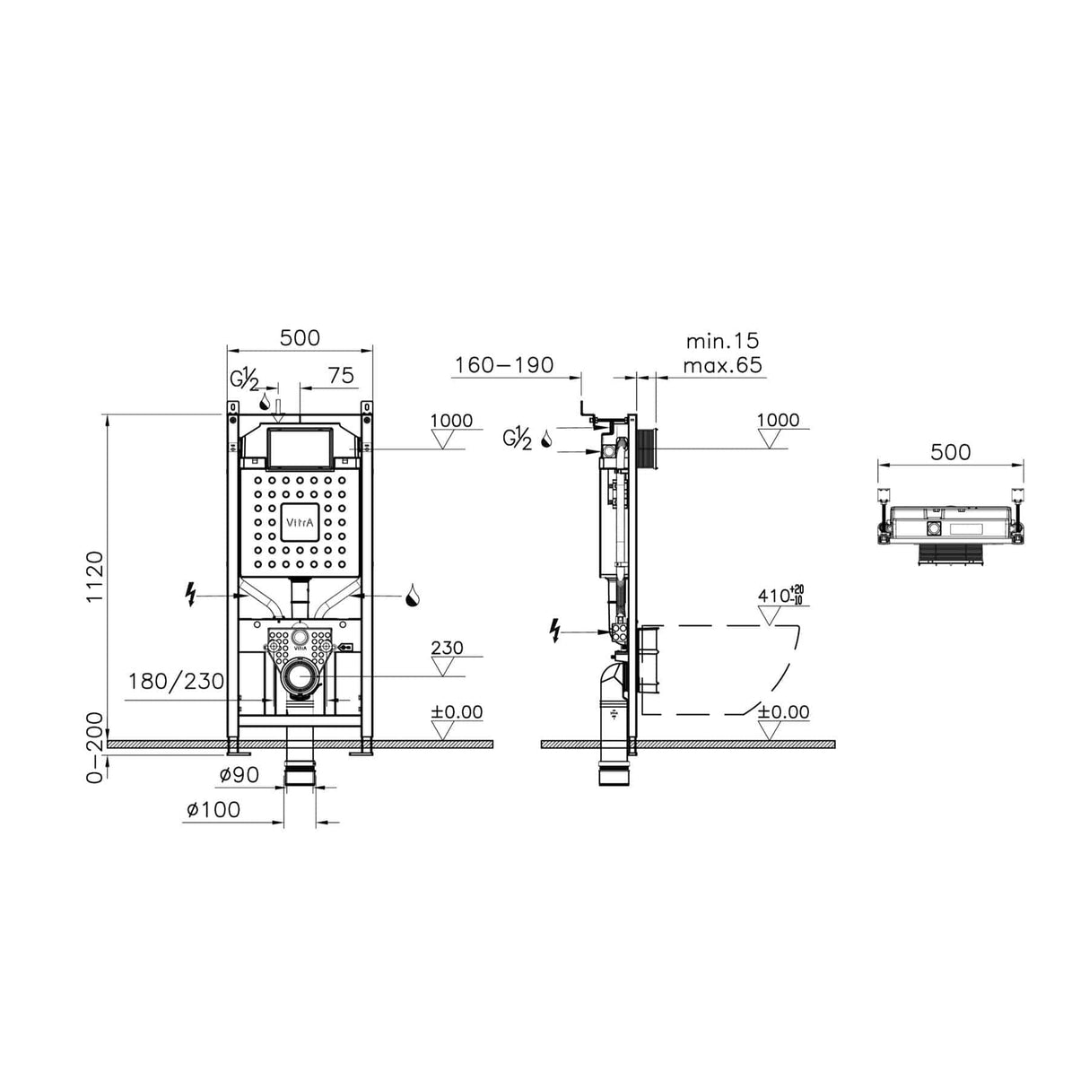 VitrA Wall Hung WC Frame VitrA V-Fix Prime Standard Wall Hung Toilet Frame and 120mm 3/6 Litre Concealed Cistern with Floor/Wall Fixation, Electrical and Water Connection