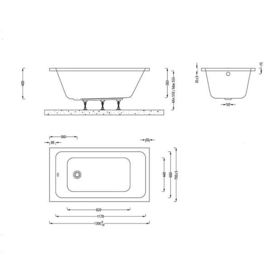 Aquarius Single Ended Bath 1300 x 700mm Aquarius Aaron Single Ended Standard Bath